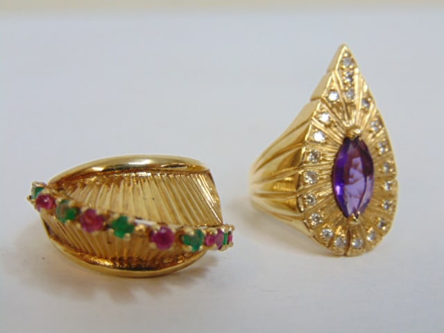 Jewelry. 2 Vintage gold rings, 14k fan style cocktail ring w/ green & pink gemstones, hallmarks on (1 of 5)