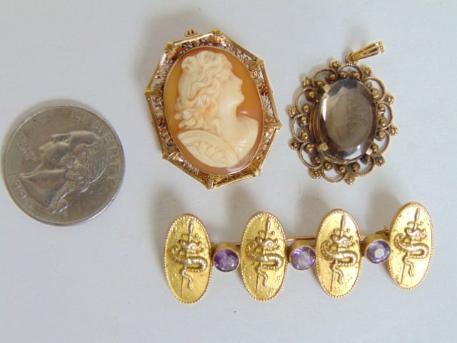 Jewelry. 3 pc, gold & amethyst pin tested 14k, 6.73 grams, 2" length; intaglio pendant 14k filigree (1 of 4)
