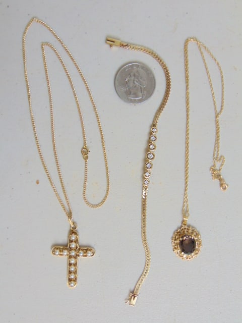 Jewelry. Gold lot to include 3 pc 14k diamond bracelet, 6 grams, 7 1/2" length; 14k gold cross w/ (1 of 5)