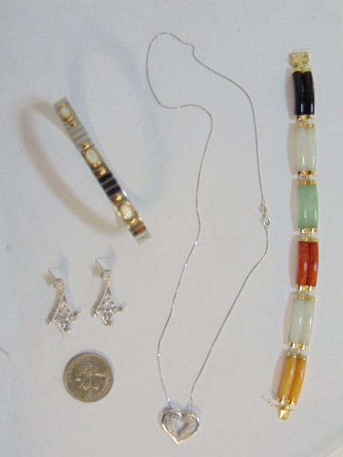 Jewelry. 14k white gold heart necklace w. diamond chips, 3.15 grams; 14k white gold earrings w/ (1 of 6)