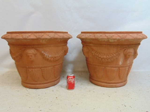 Pair large Italian terracotta garden urns decorated with heads & oak leaves on rim, rim is chipped, (1 of 5)