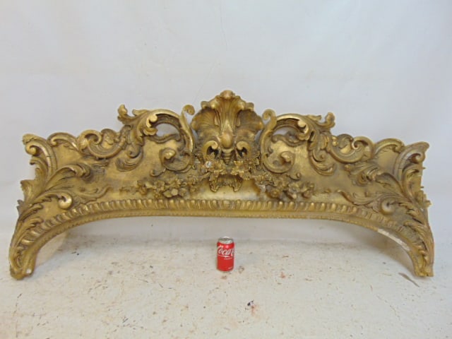 Ornate carved wood valance, 60" long, height in center is 26.5", some chips, cracks, as found (1 of 5)