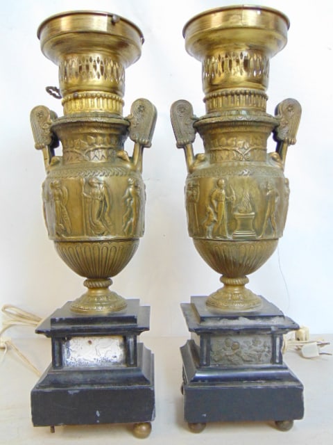 Pair bronze neoclassical lamp bases, on slate bases, no shades, small bronze insert in one base (1 of 5)