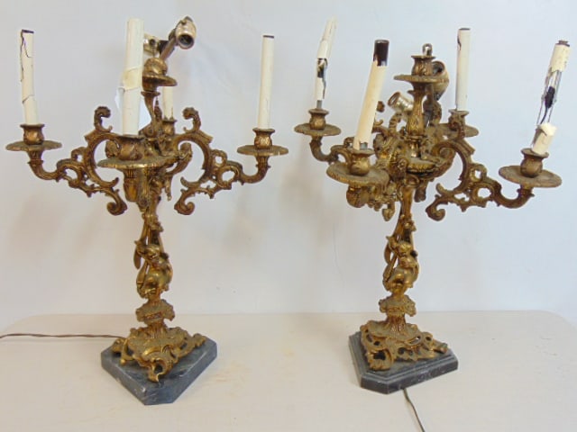 Pair large bronze candelabra lamps, center converted to lamp, on marble base, height center, (1 of 8)