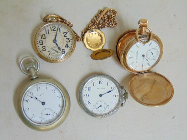 4 pocket watches, "Century USA" railroad watch, Waltham art deco 10K rolled gold plate watch, Elgin (1 of 5)