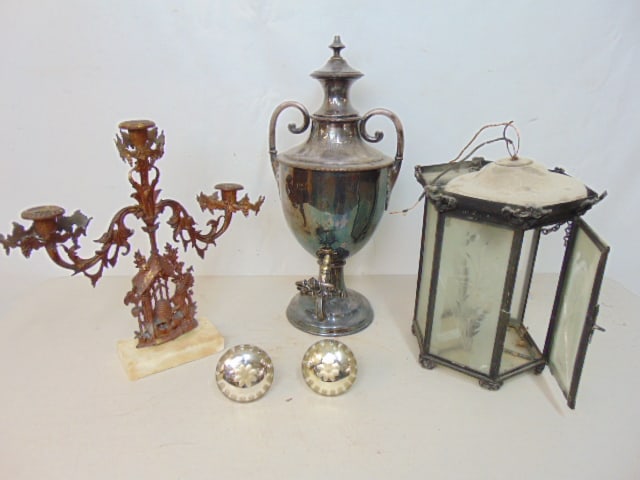 Pair mercury glass tie backs, girandole, lantern & silver plated coffee can, lantern has broken (1 of 6)