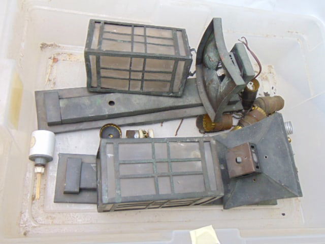 Pair period Prairie Style brass wall sconces, lanterns, in pieces, need restoration, mounting plates (1 of 4)