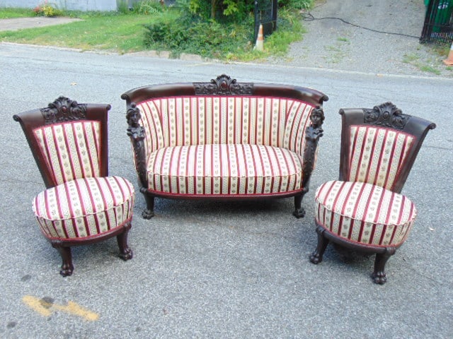 3 piece mahogany parlor set, love seat & pair chairs, newly upholstered in striped upholstery, claw (1 of 7)