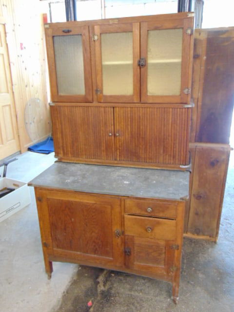 Oak hoosier style cabinet with tambour sliding front, doors & drawers, 2 piece unit, cabinet is 40" (1 of 5)
