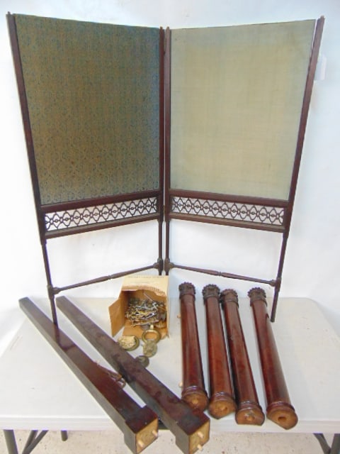 Various furniture parts, firescreen, includes empire mirror posts, half columns, brass parts (1 of 5)