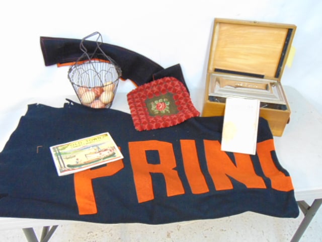 Misc. lot, wire basket with marble eggs, "Old Town, canoes & boats, 1941" catalog, Kodak film (1 of 7)