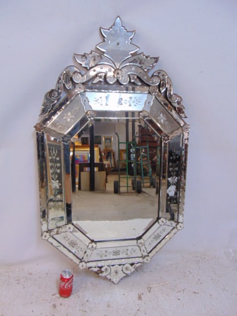 Venetian mirror framed mirror, with etched designs, 51" tall, 29" wide. (1 of 7)