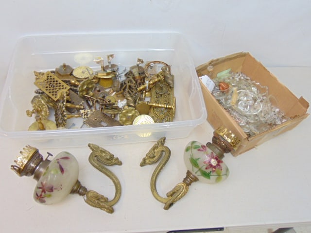 Large lot brass hardware, lamp parts & crystal lamp parts (1 of 4)