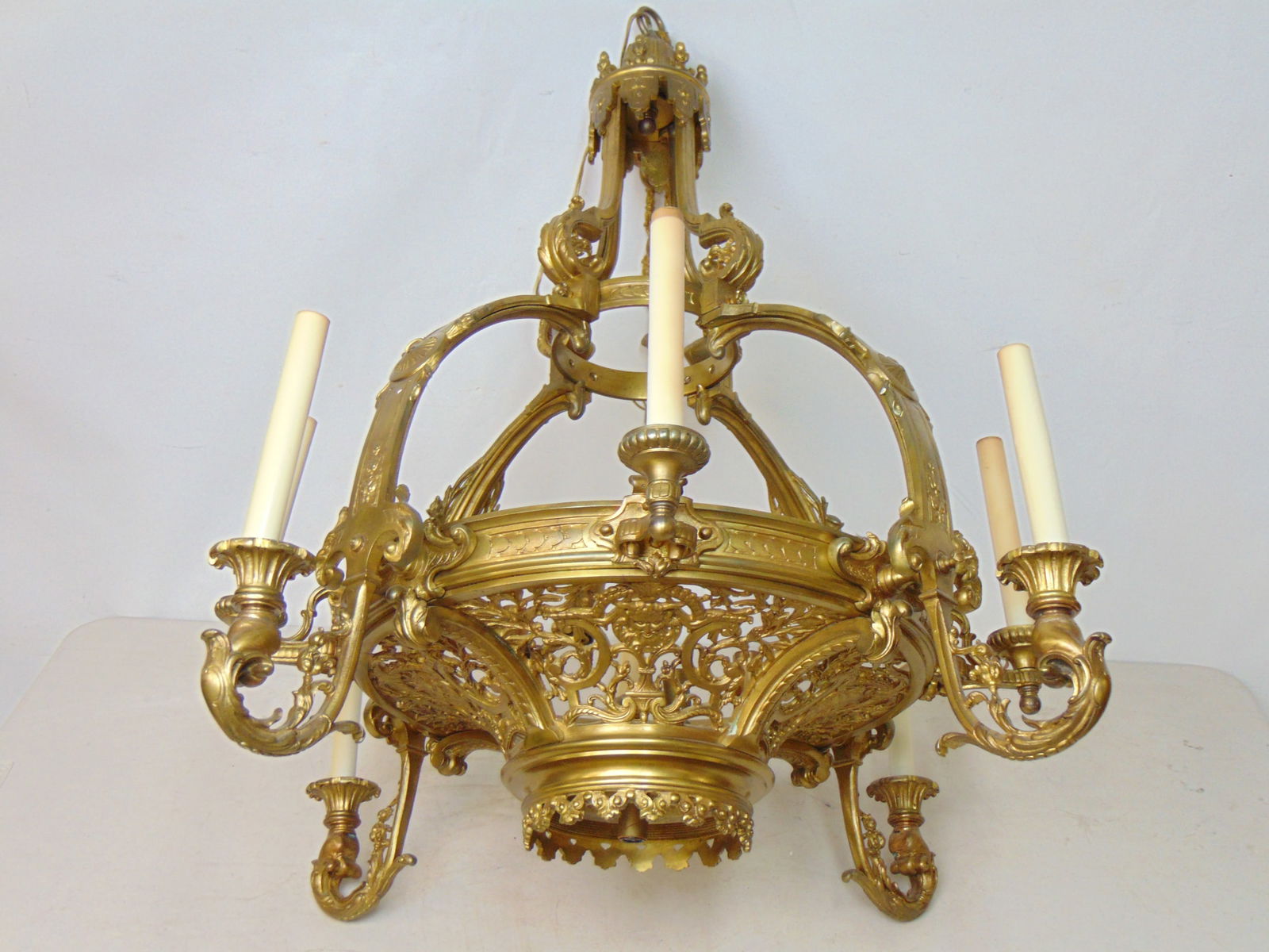 Heavy brass chandelier, solid brass,8 arms, 4 upper, 4 lower, height is 30", diameter is 28" (1 of 4)