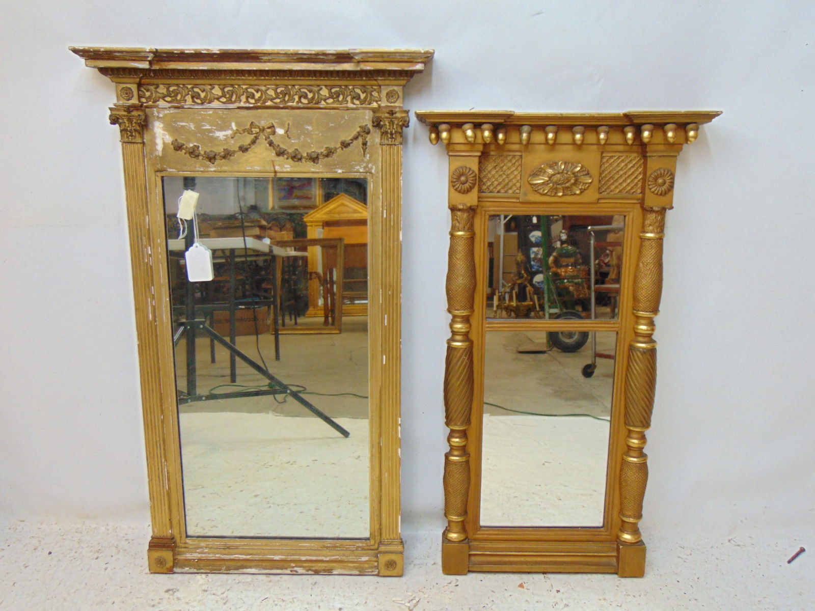 2 antique gilt mirrors, column sides, one is two panel, larger mirror has label, "Foster Brothers", (1 of 8)