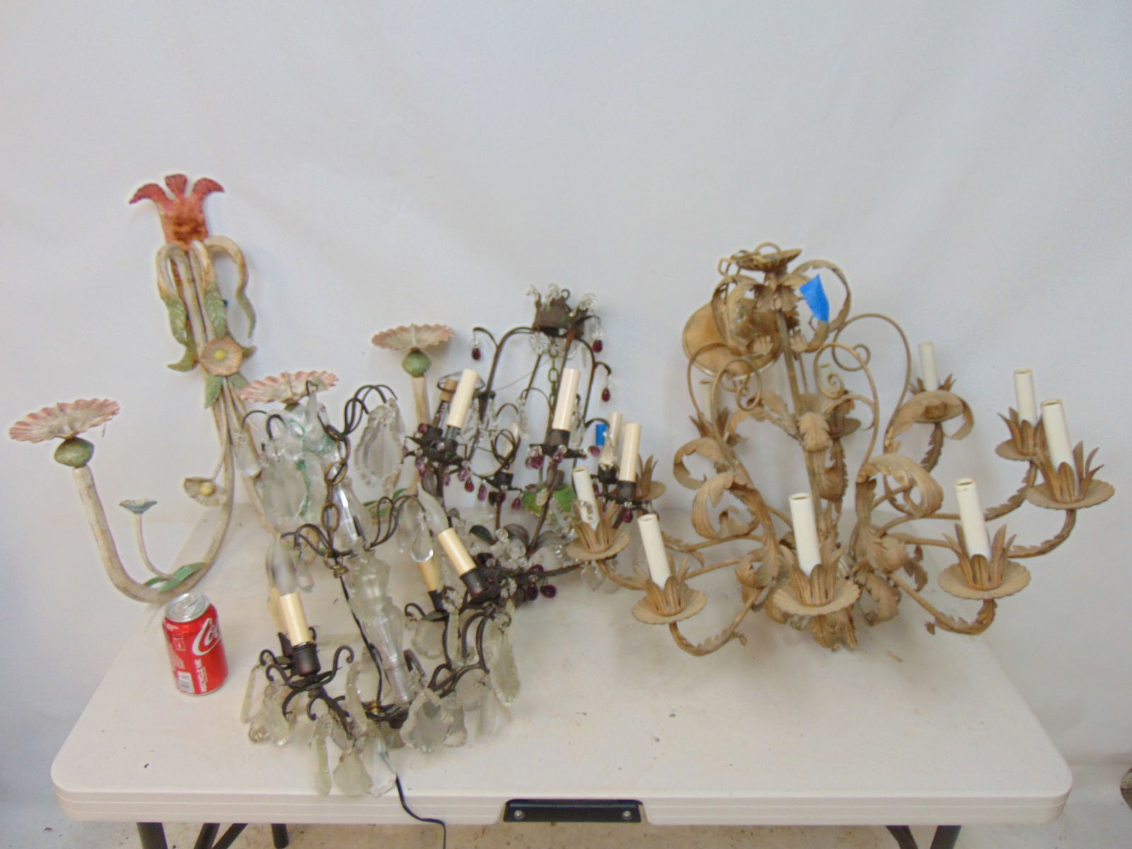 Decorative lighting lot, 2 metal & crystal hanging fixtures, 10 arm chandelier in metal (1 of 6)