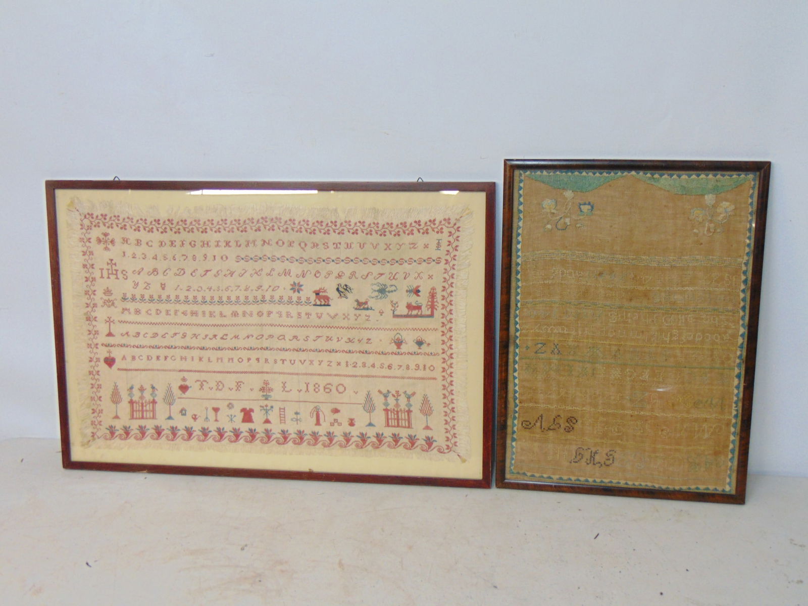 2 needlepoint samplers, Joel Phelps, 1827 & "T.D.F." 1860.`934: 2 needlepoint samplers, Joel Phelps, 1827 & "T.D.F." 1860.`934