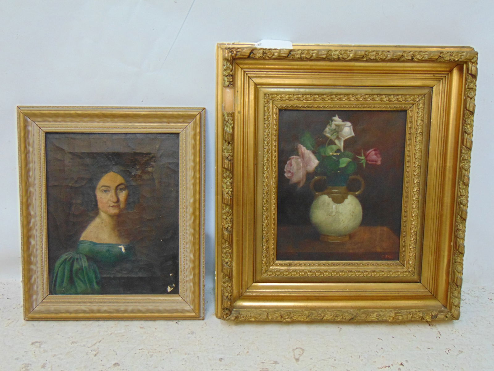 2 paintings, portrait & floral still-life, both in gilt frames, portrait of a lady, 13" by 10.5" uns (1 of 4)