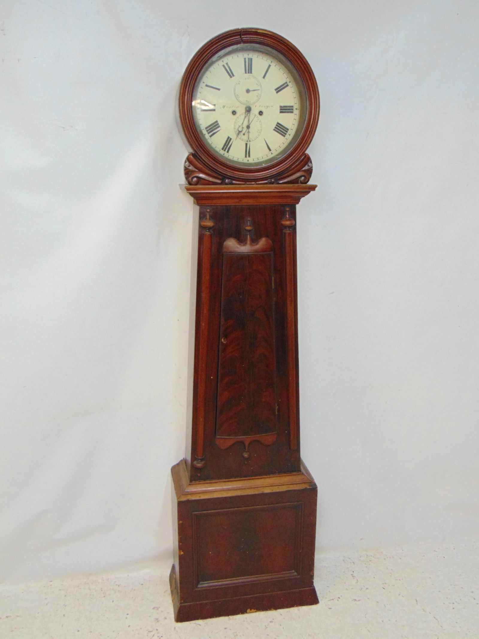 Mahogany standing clock, "Martin, Glasgow", comes with one weight, pendulum, untested, height is 75. (1 of 7)