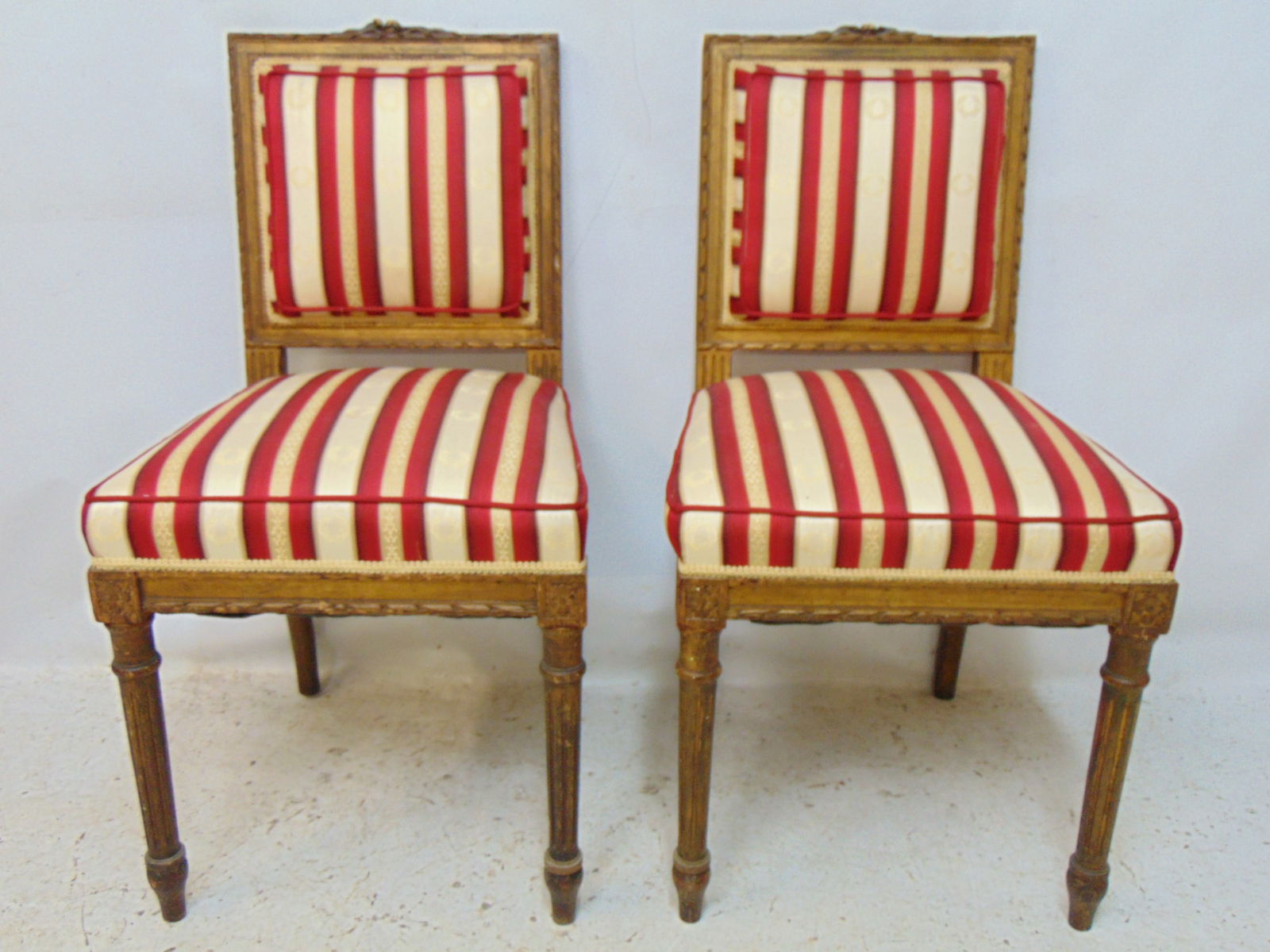 Pair French style side chairs with carved frames, ribbon top and red striped upholstery (1 of 5)