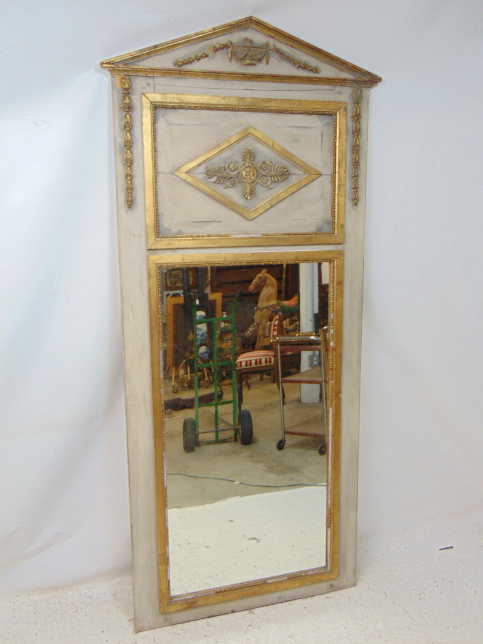 Large mirror, trumeau style, light grey paint with gilt detail, mirror is 79" tall, 36" wide.: Large mirror, trumeau style, light grey paint with gilt detail, mirror is 79" tall, 36" wide.