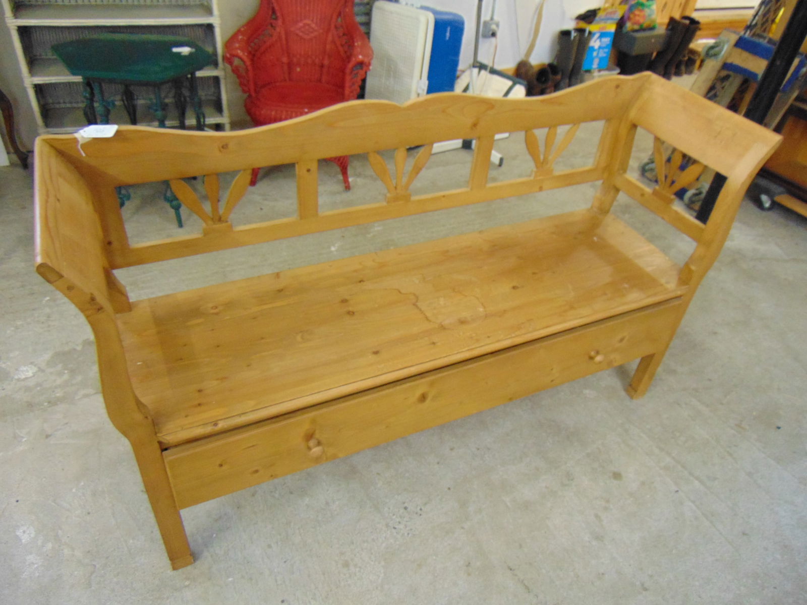 Pine bench with large single drawer, decorative back support, bench is 64" by 17.5", height seat is (1 of 4)