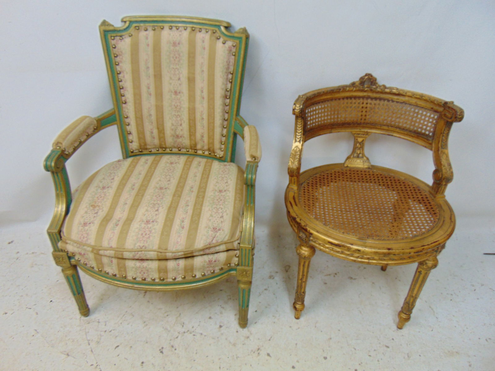 2 chairs, French style armchair in striped upholster & carved detail & gilt caned seat & back stool (1 of 5)