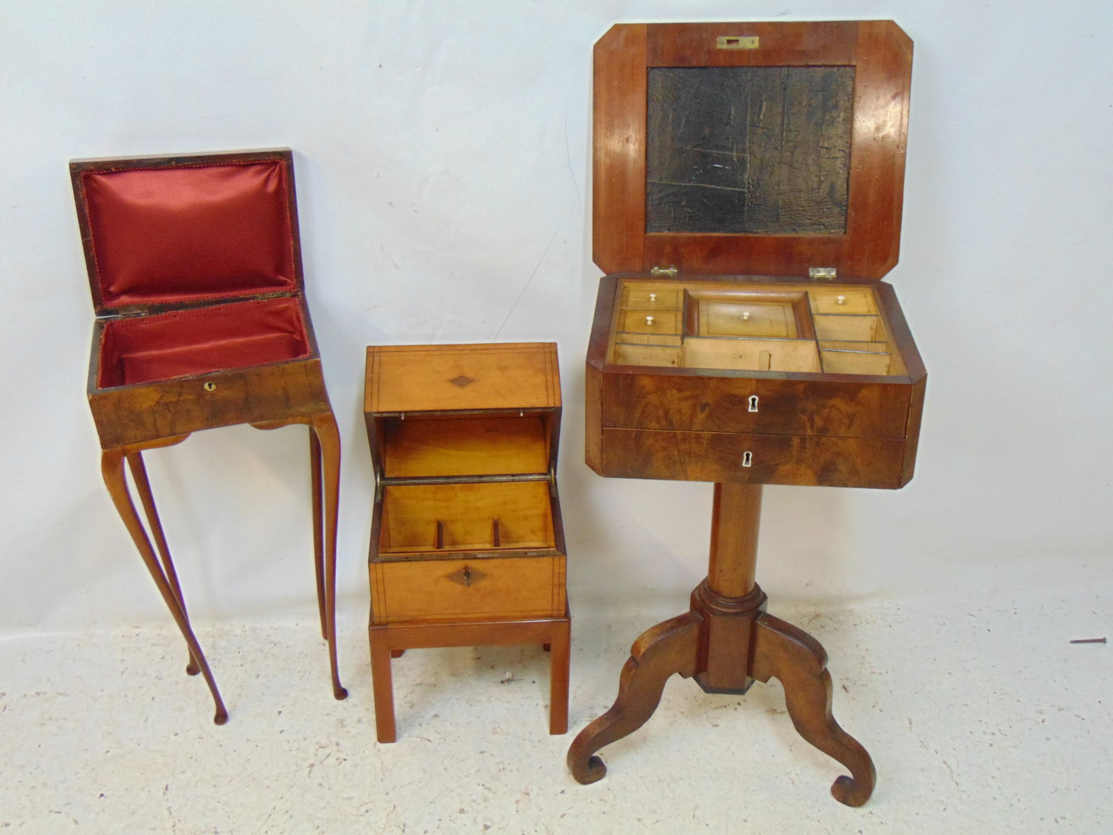 3 lift top stands, empire sewing stand, small satinwood lift top bar & small inlaid sewing box on ta (1 of 7)