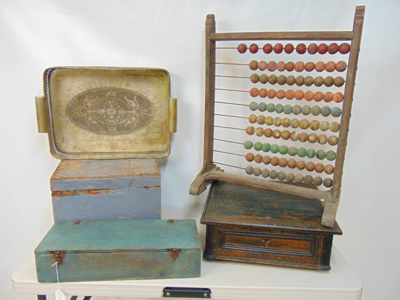 5 piece Indian lot, abacus, silver plated serving tray & 3 boxes (1 of 4)