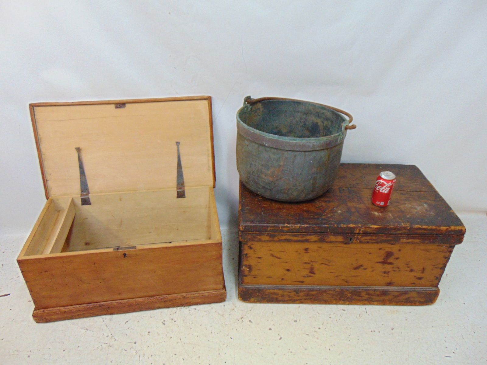 Two wood trunks, chests & copper pot, small sized lift top blanket box, 28" by 15.75", height is 13. (1 of 5)