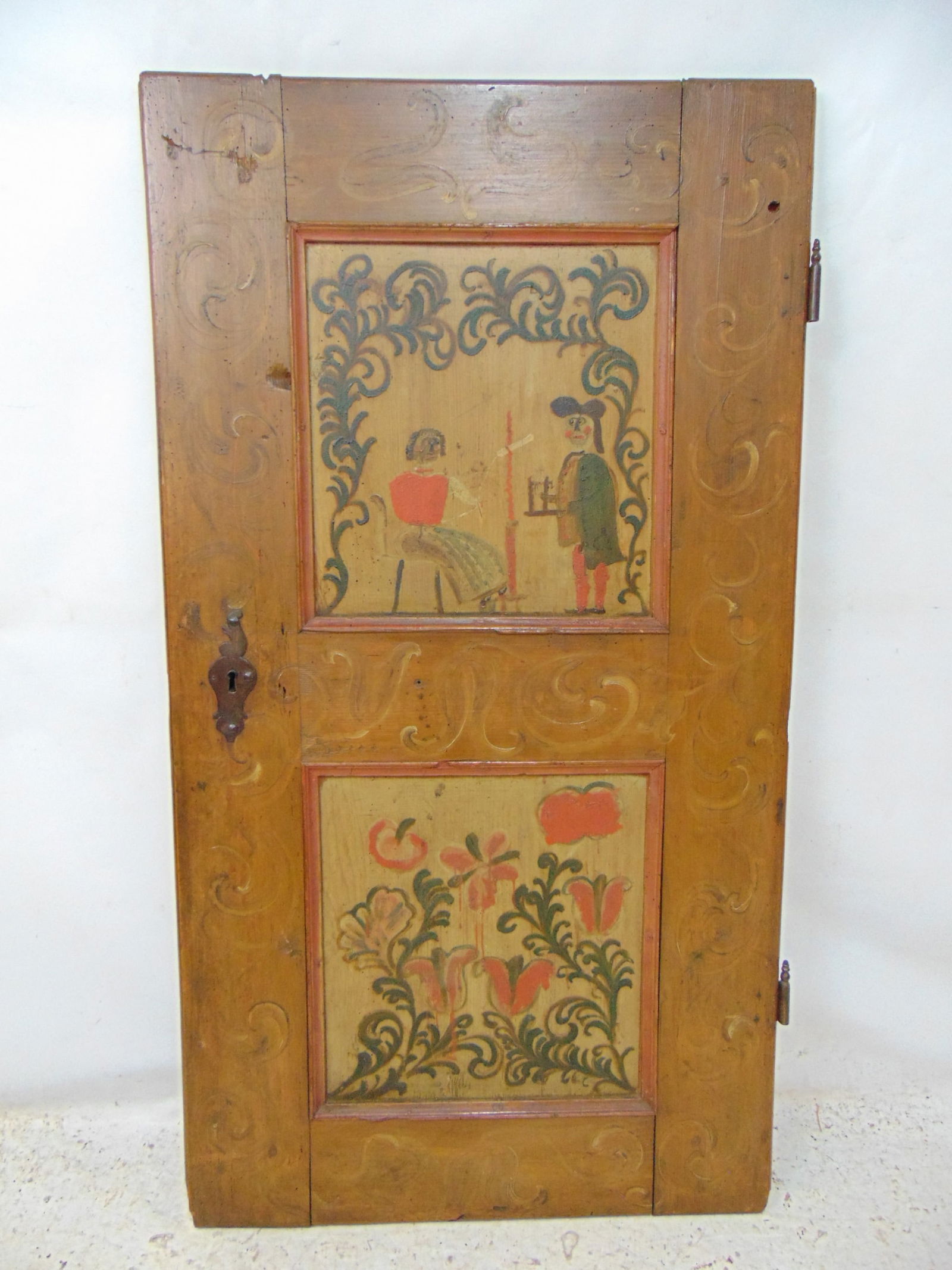 Paint decorated 2 panel  door with primitive painted scenes, man & woman & floral, door is 51" by 27 (1 of 5)