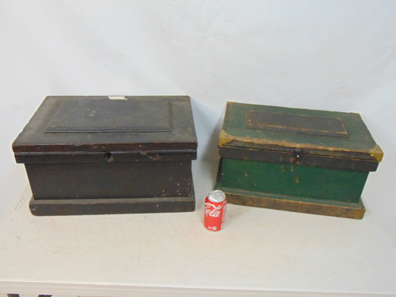2 small tool chests, one in black paint with interior trays, other in green & black, no trays. (1 of 5)