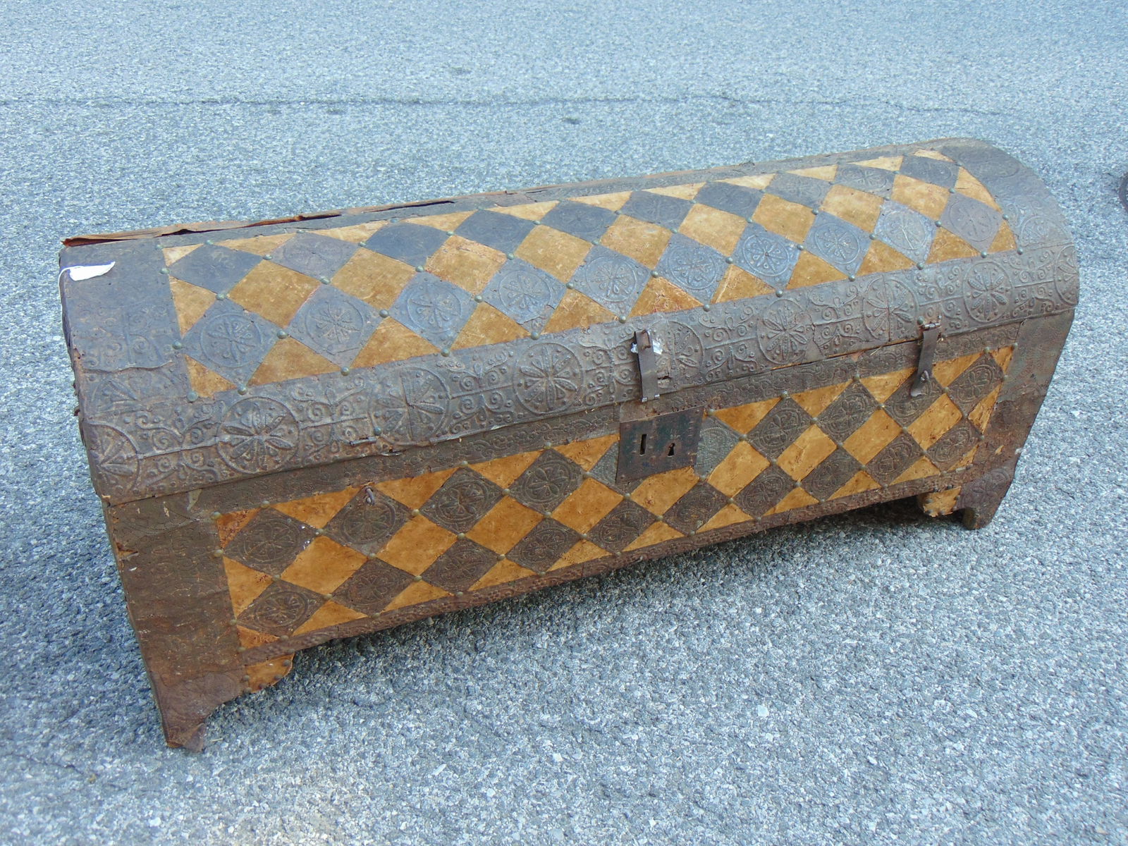 Large dome top chest or trunk with metal over fabric (velvet ?) decorations, trunk is 51" long, 16" (1 of 5)