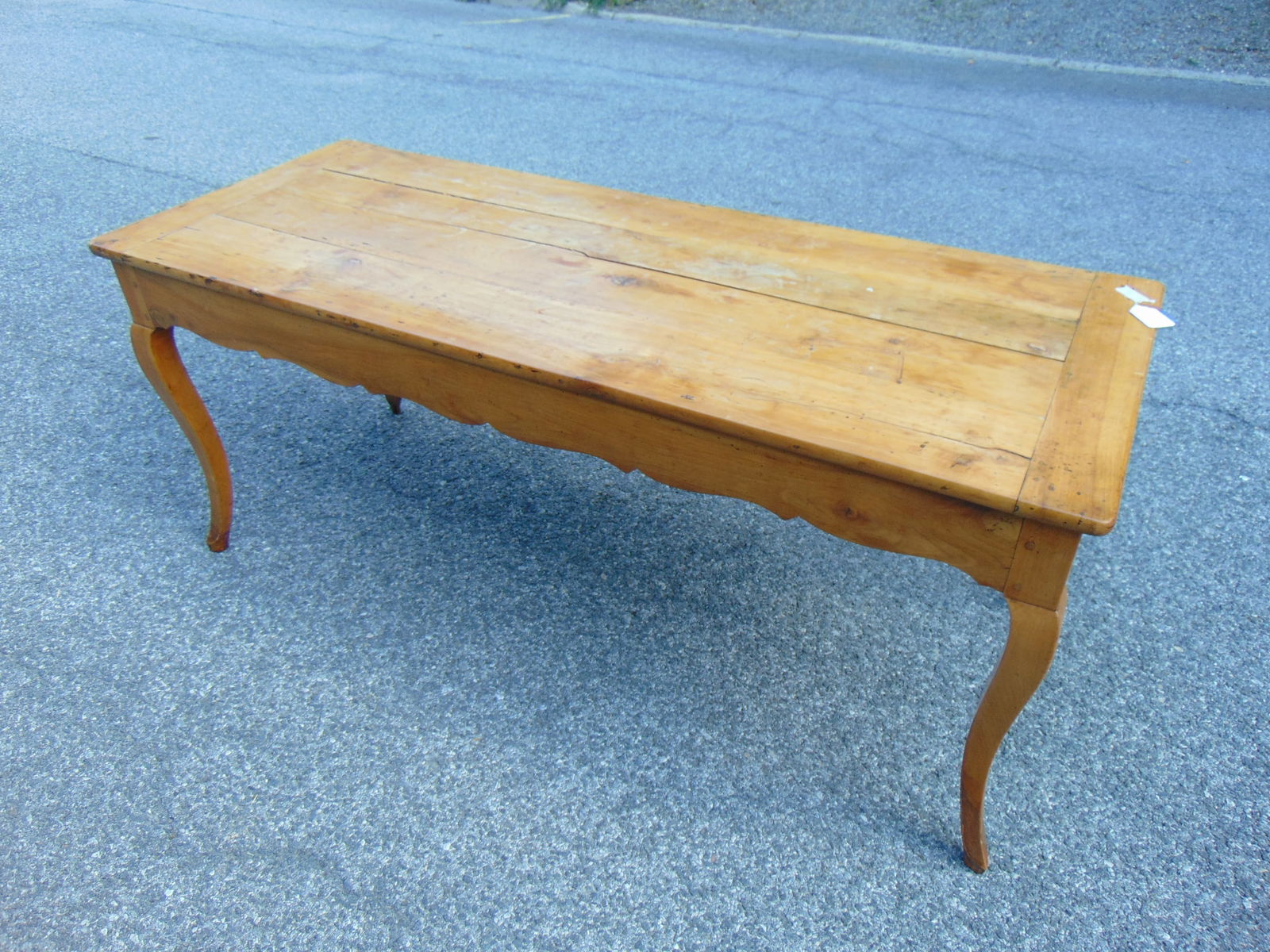 French provincial pine table with single drawer on one end, and slide out shelf on opposite end, tab (1 of 5)