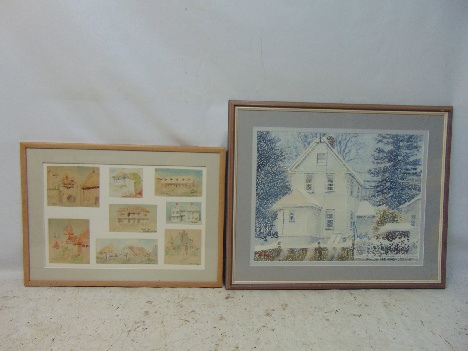 2 watercolors, collage with 8 small watercolor paintings of various houses & watercolor, House in Sn (1 of 8)