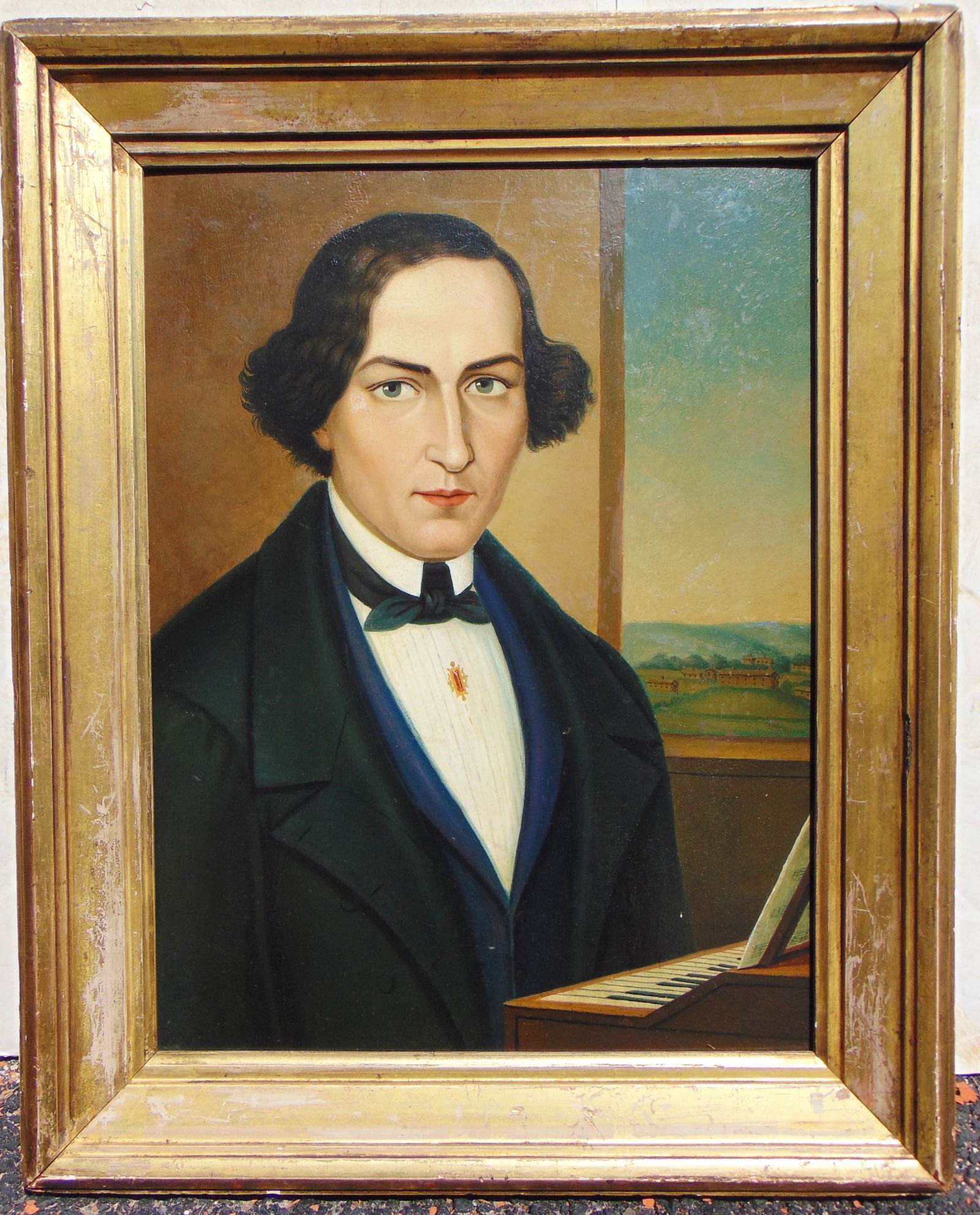 Painting, portrait of a young man at Spinet with view of Shaker Village, New Lebanon through window, (1 of 9)