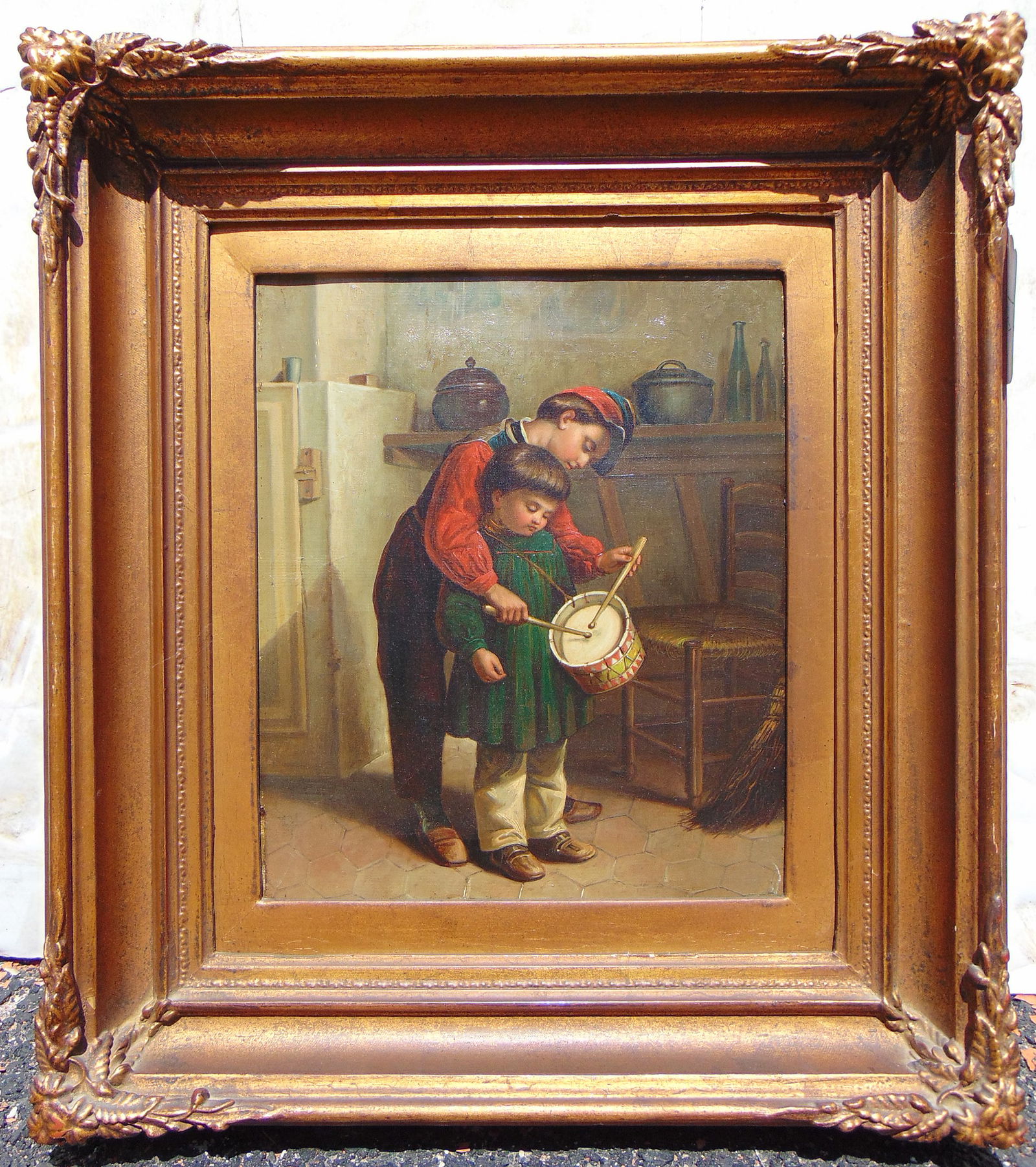 The drum lesson, interior scene with older boy helping young boy play the drum, mid 19th Century,: The drum lesson, interior scene with older boy helping young boy play the drum, mid 19th Century, oil on canvas, unsigned, in gold frame, canvas, stretcher is 12.5" by 10.5", on Earles Galleries, Phil