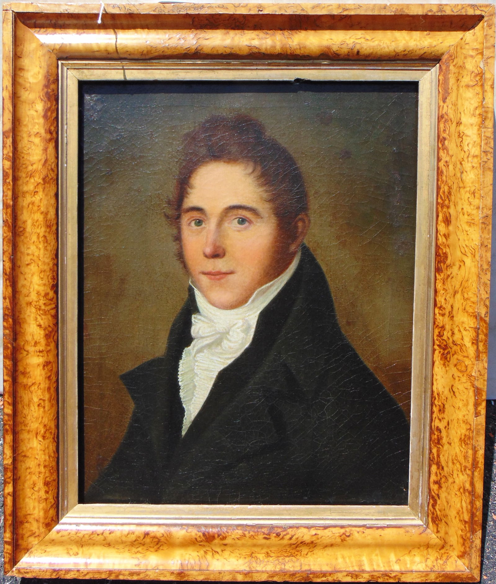 Portrait of a young gentleman in black coat & white shirt, in burl frame with gilt liner, sight is (1 of 6)