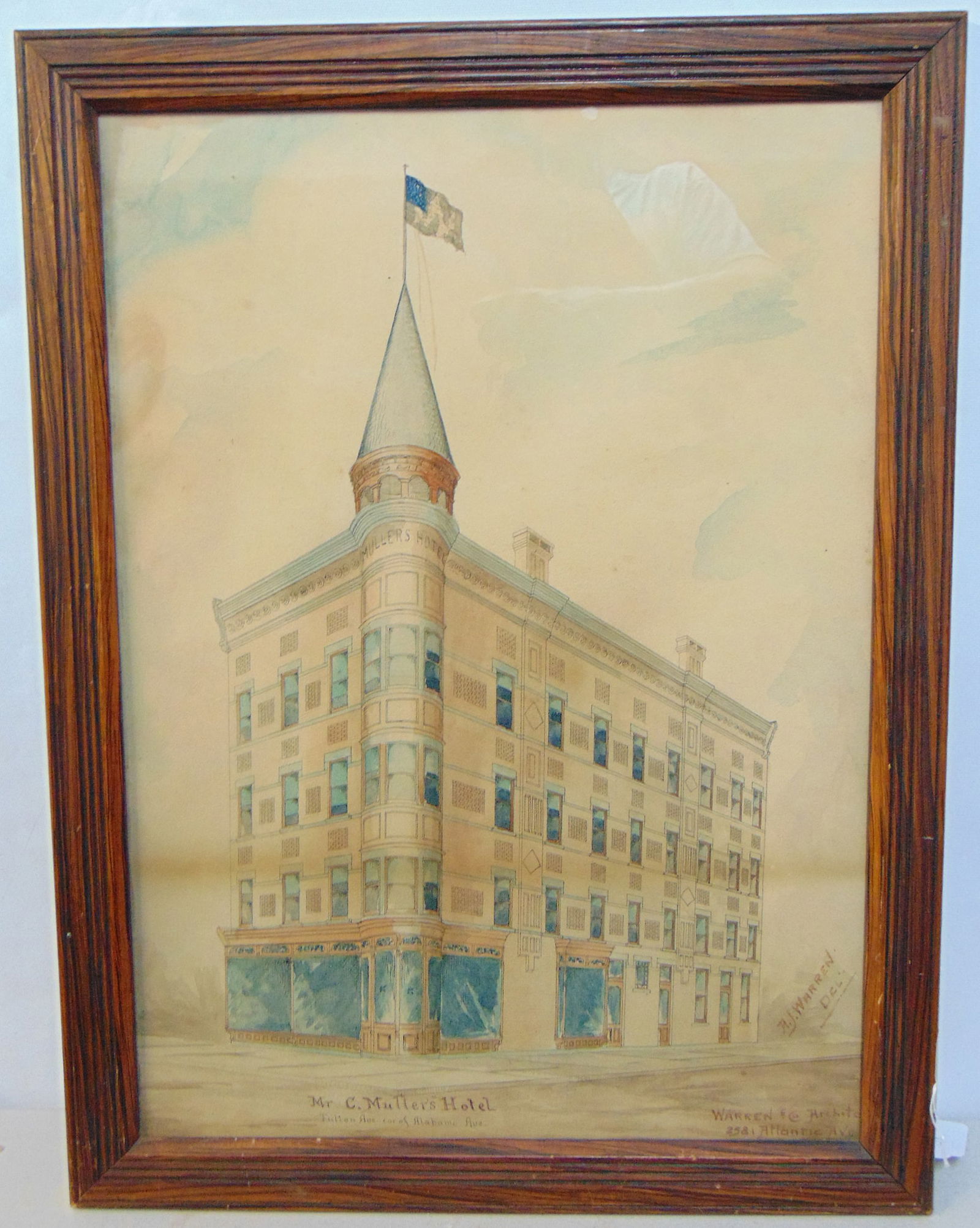 Architectural drawing hotel, "Mr. C. Mullers Hotel, Fulton Ave. cor of Alabama Ave, A.J. Warren, (1 of 9)
