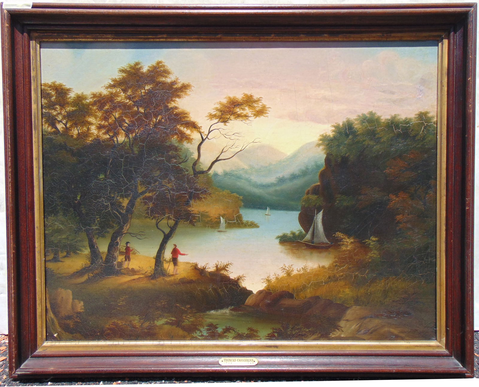 River landscape with sailboats, Thomas Chambers, American 1808-1866, river or lake scene with 3 (1 of 9)