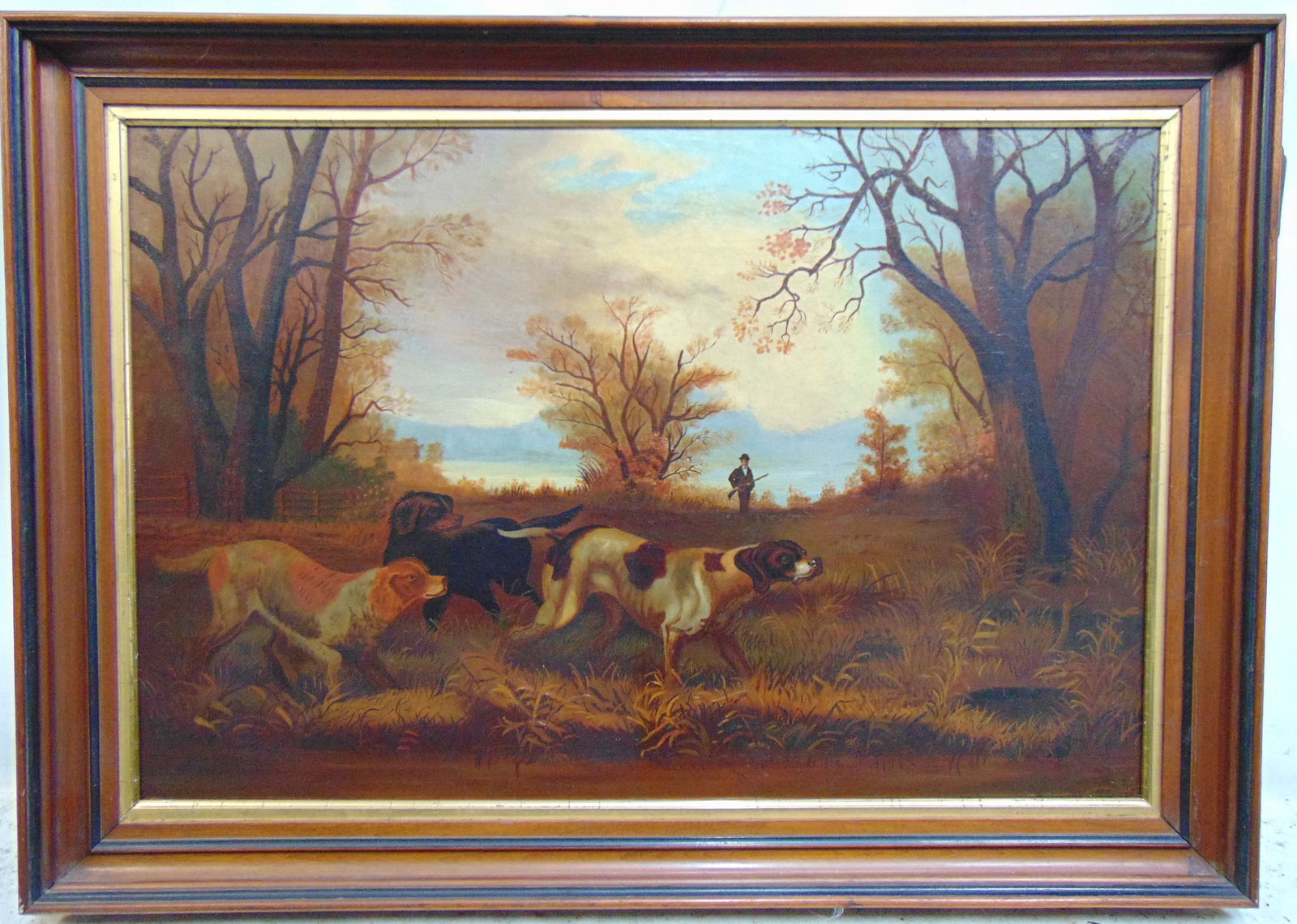Hunt scene, 3 dogs with hunter, oil on canvas, landscape scene with hunter & 3 dogs in foreground, (1 of 8)