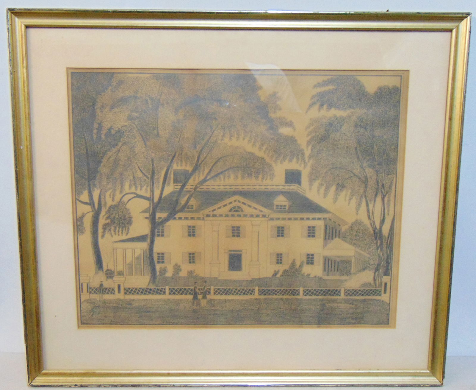Pencil and charcoal, Mansion with figures, graphite folk art drawing, showing man & woman holding (1 of 6)