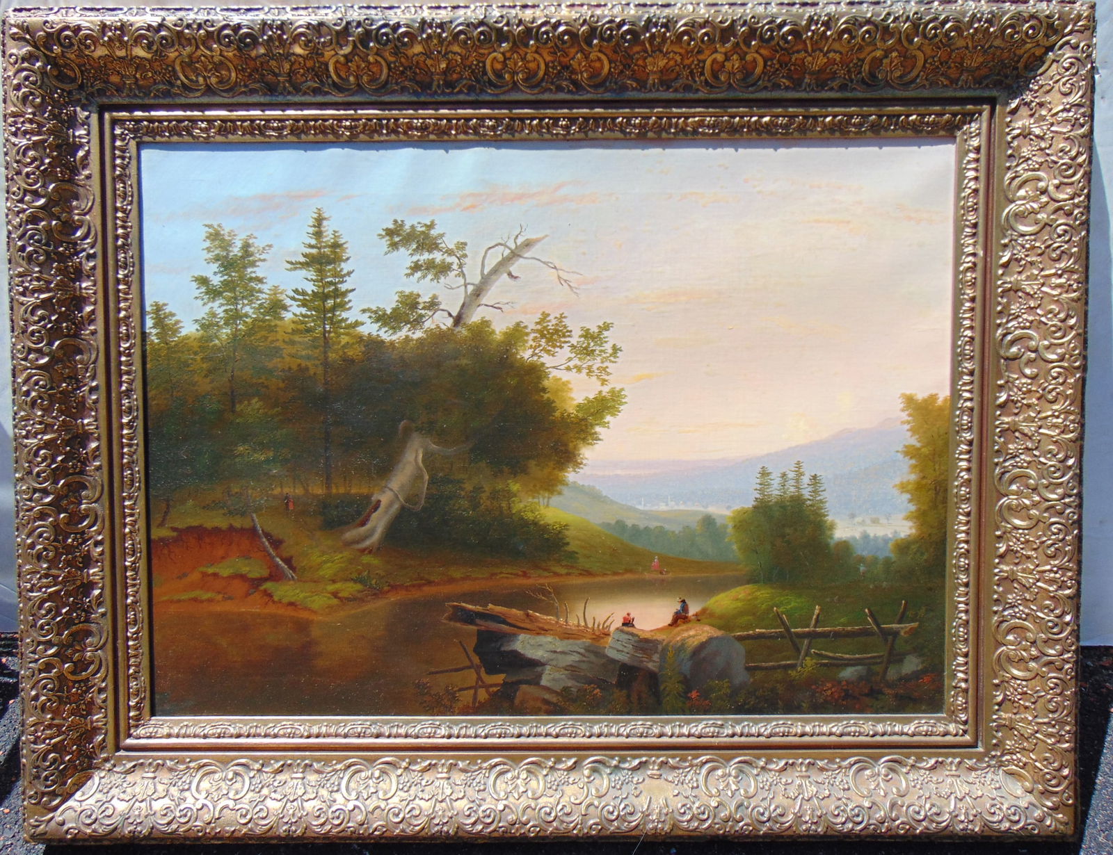 Landscape, Figures by pond with a distant view of Newburgh, NY, attr, to Charles Winfield, in ornate (1 of 7)
