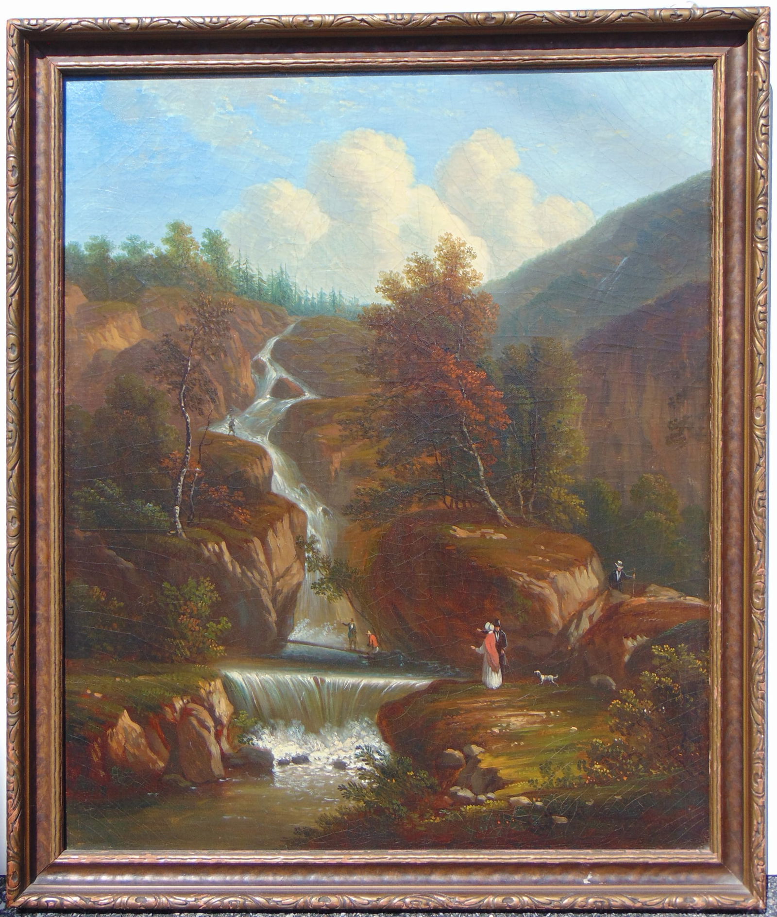 Landscape with figures by waterfall, attributed to Victor De Graily, oil on canvas, relined, (1 of 6)