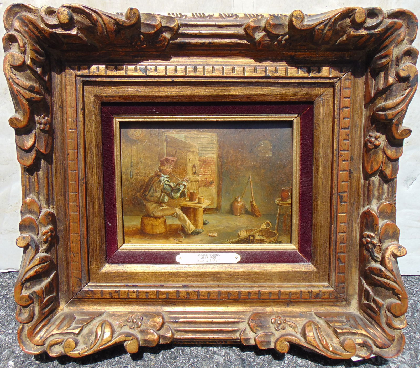 Painting, Young man smoking a pipe, oil on board, English school, in carved wood frame, interior (1 of 5)