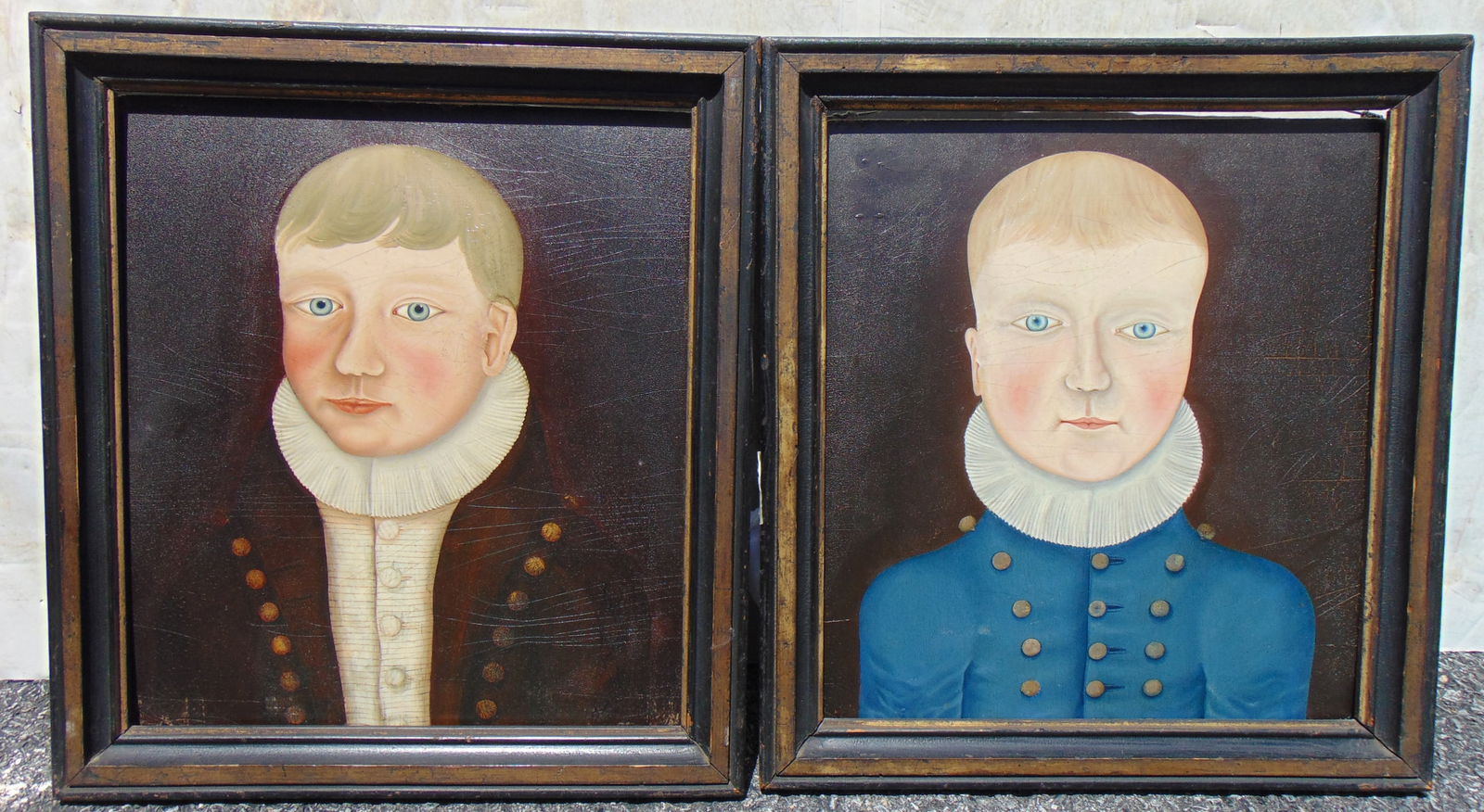 Pair children's portraits, probably English school, oil on wood board, both boys with blue eyes and (1 of 13)