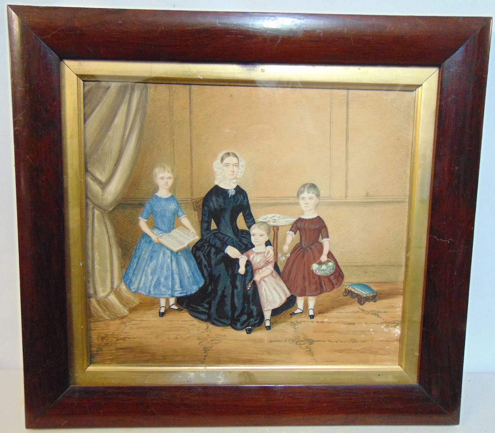 Painting of mother and three children, signed T. Martin, watercolor on paper, interior scene showing (1 of 7)