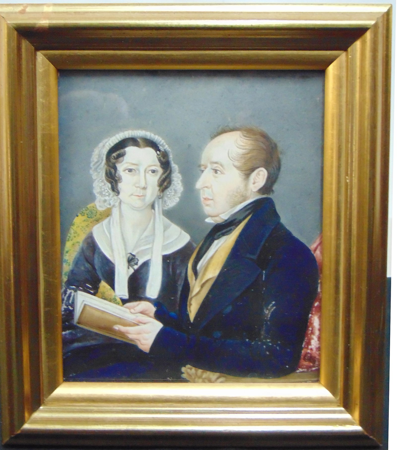 Double portrait on ivory, seated man & woman, wearing a lace bonnet, dated on reverse, 1826, in (1 of 7)