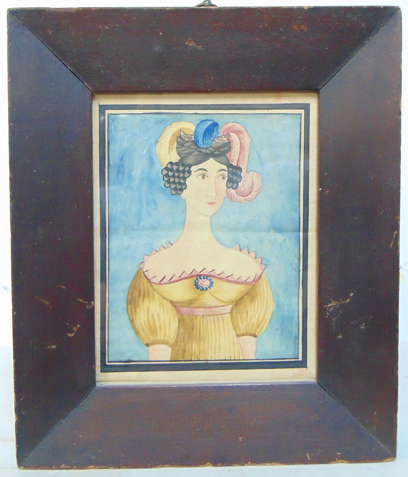 Portrait lady in yellow dress & feathered hat, watercolor on paper, dated 1796 on reverse painting, (1 of 5)