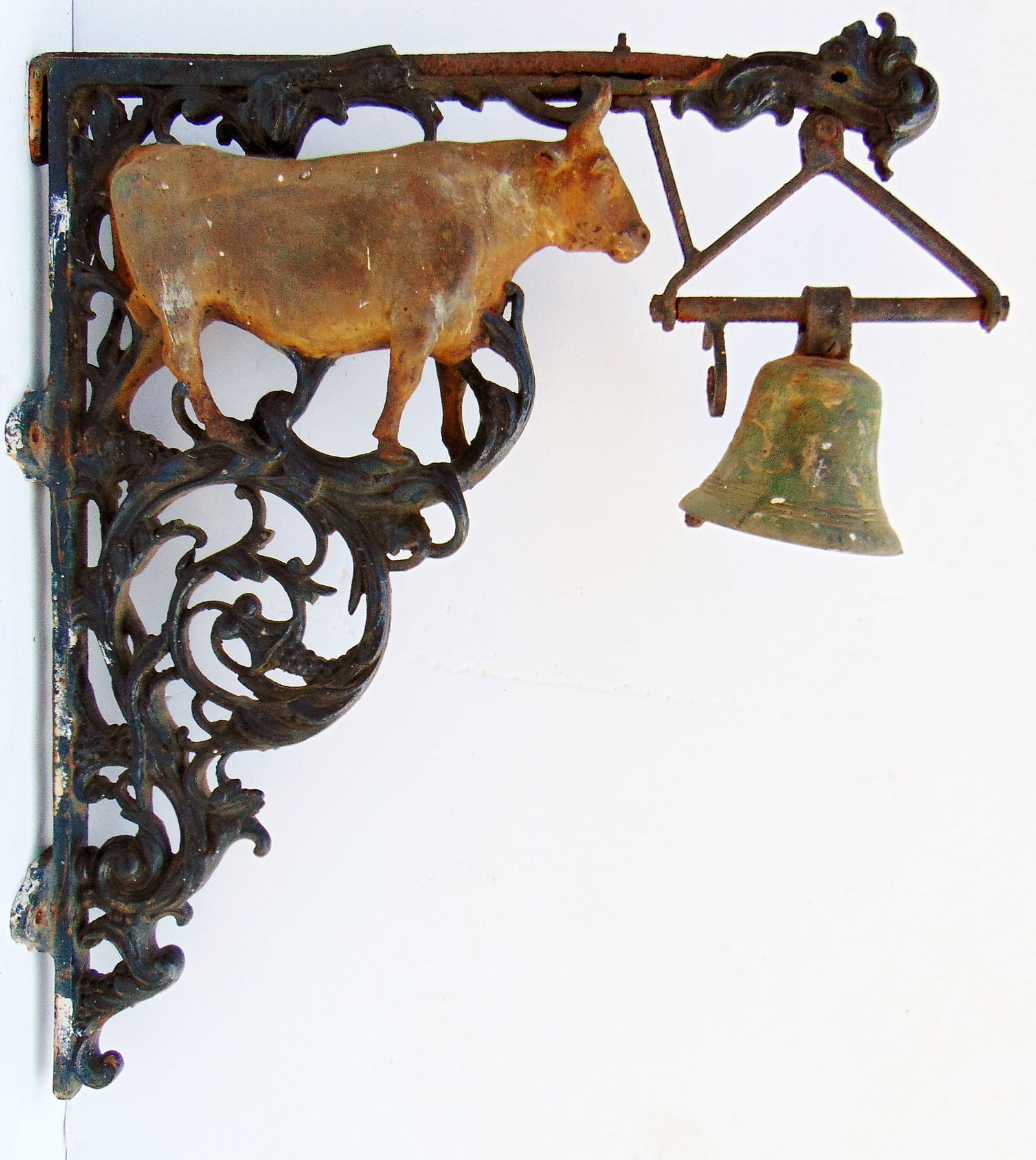 Trade sign butcher cast iron bracket and bull with wrought iron and brass bell 29" x 26" (1 of 8)